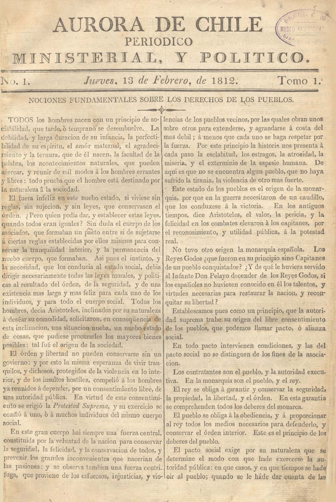 							Ver Núm. 3 (1812): Tomo I. Jueves 27 de Febrero
						